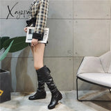 Xajzpa - Size 43 Knee-High Boots Thick Heel Stretch Pu Leather Botas Sweet Thin Leg Long Women