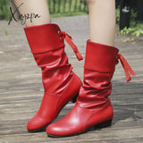 Xajzpa - Size 43 Knee-High Boots Thick Heel Stretch Pu Leather Botas Sweet Thin Leg Long Women