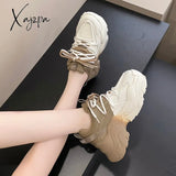 Xajzpa - Sneakers Women Top Quality Leather Platform Shoes 8Cm High Heel Casual Round Toe Mixed