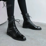 Xajzpa - South Korea 100 British Comfortable Tie Leather Tip Low Heel Martin Boot Woman Flat Bottom