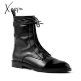 Xajzpa - South Korea 100 British Comfortable Tie Leather Tip Low Heel Martin Boot Woman Flat Bottom