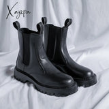 Xajzpa - Split Leather Chelsea Boots For Men Platform Ankle Male Thick Bottom Motorcycle Spring