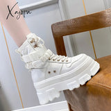 Xajzpa - Spring Autumn Thick Platform Lace-up Martin Boots For Women 7cm High Heel Solid Round Toe Cross-tied Leisure Female  Shoes