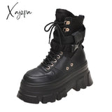 Xajzpa - Spring Autumn Thick Platform Lace-Up Martin Boots For Women 7Cm High Heel Solid Round Toe