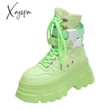 Xajzpa - Spring Autumn Thick Platform Lace-Up Martin Boots For Women 7Cm High Heel Solid Round Toe