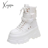 Xajzpa - Spring Autumn Thick Platform Lace-Up Martin Boots For Women 7Cm High Heel Solid Round Toe