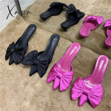 Xajzpa - Spring Pointed Toe Stiletto Heel Kitten Heels Bow Heel-Free Slippers for Women