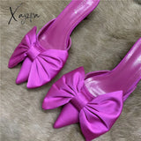 Aiertu 2022 Spring Pointed Toe Stiletto Heel Kitten Heels Bow Heel-Free Slippers for Women Aiertu