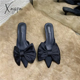 Aiertu 2022 Spring Pointed Toe Stiletto Heel Kitten Heels Bow Heel-Free Slippers for Women Aiertu