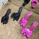 Aiertu 2022 Spring Pointed Toe Stiletto Heel Kitten Heels Bow Heel-Free Slippers for Women Aiertu