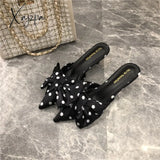 Aiertu 2022 Spring Pointed Toe Stiletto Heel Kitten Heels Bow Heel-Free Slippers for Women Aiertu