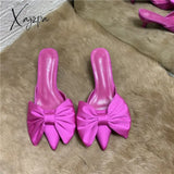 Aiertu 2022 Spring Pointed Toe Stiletto Heel Kitten Heels Bow Heel-Free Slippers for Women Aiertu