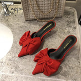 Aiertu 2022 Spring Pointed Toe Stiletto Heel Kitten Heels Bow Heel-Free Slippers for Women Aiertu