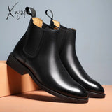 Xajzpa - Spring Winter Elegant Chelsea Boots Genuine Leather Men Shoes Slip-On Dress Formal Mens For