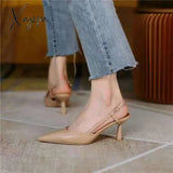 Xajzpa - Spring Women’s Pumps Belt Buckle Back Strape Med Heel Solid Pointed Toe Ladies Heels