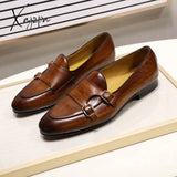 Xajzpa - Summer Autumn Men’s Loafers Genuine Leather Hand Painted Monk Strap Dress Shoes Wedding