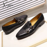 Xajzpa - Summer Autumn Men’s Loafers Genuine Leather Hand Painted Monk Strap Dress Shoes Wedding