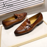 Xajzpa - Summer Autumn Men’s Loafers Genuine Leather Hand Painted Monk Strap Dress Shoes Wedding