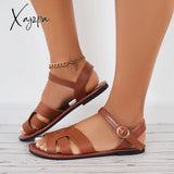 Xajzpa - Summer Buckle Strap Sandals Open Toe Flat Beach Brown / 5