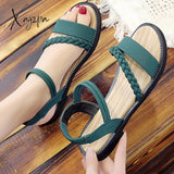 Xajzpa - Summer Fashion Flock Woven Open Toe Narrow Band Flat Beach Sandals Women Casual Ankle