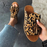 Xajzpa - Summer Female Flat Slippers Women's Fashion Tassel Comfortable Shoes Ladies Leopard New Sewing Open Toe Footwear Plus Size