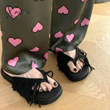 Xajzpa - Summer Muller Slippers Women Pig Suede Fringe Modern Tassel Square Head Lazy Shoes Leisure