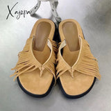 Xajzpa - Summer Muller Slippers Women Pig Suede Fringe Modern Tassel Square Head Lazy Shoes Leisure