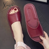 Xajzpa - Summer New Shoes Women Leather Home Slippers Unisex Flat Non-Slip Open Toe Wear Resistant