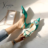 Xajzpa - Summer New Stiletto Pointed High Heel Rhinestone Buckle Sandals Satin Korean Version Of