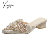 Xajzpa - Summer Slippers Women’s Fashion Beaded Mules Shoes New Comfortable Medium Heel Thick