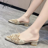 Xajzpa - Summer Slippers Women’s Fashion Beaded Mules Shoes New Comfortable Medium Heel Thick