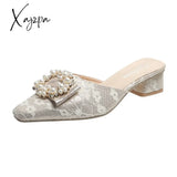 Xajzpa - Summer Slippers Women’s Fashion Beaded Mules Shoes New Comfortable Medium Heel Thick