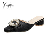 Xajzpa - Summer Slippers Women’s Fashion Beaded Mules Shoes New Comfortable Medium Heel Thick