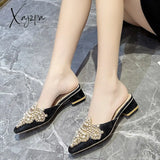 Xajzpa - Summer Slippers Women’s Fashion Beaded Mules Shoes New Comfortable Medium Heel Thick