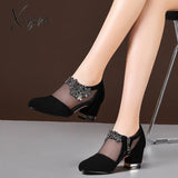 Xajzpa - Summer Women High Heel Shoes Mesh Breathable Pumps Zip Pointed Toe Thick Heels Fashion