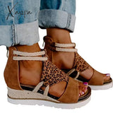 Xajzpa - Summer Women Sandals Peep Toe Leopard Wedge Platform Ladies Straw Bottom Slip On Beach