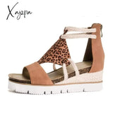 Xajzpa - Summer Women Sandals Peep Toe Leopard Wedge Platform Ladies Straw Bottom Slip On Beach