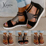 Xajzpa - Summer Women Sandals Peep Toe Leopard Wedge Platform Ladies Straw Bottom Slip On Beach