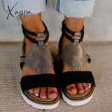 Xajzpa - Summer Women Sandals Peep Toe Leopard Wedge Platform Ladies Straw Bottom Slip On Beach