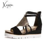 Xajzpa - Summer Women Sandals Peep Toe Leopard Wedge Platform Ladies Straw Bottom Slip On Beach