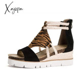 Xajzpa - Summer Women Sandals Peep Toe Leopard Wedge Platform Ladies Straw Bottom Slip On Beach