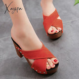 Xajzpa - Summer Women Sandals Square High Heel Platform Flock Casual Rivet Pumps Peep Toe Female