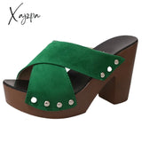 Xajzpa - Summer Women Sandals Square High Heel Platform Flock Casual Rivet Pumps Peep Toe Female