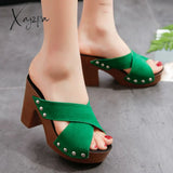 Xajzpa - Summer Women Sandals Square High Heel Platform Flock Casual Rivet Pumps Peep Toe Female