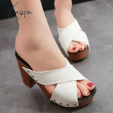 Xajzpa - Summer Women Sandals Square High Heel Platform Flock Casual Rivet Pumps Peep Toe Female