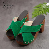 Xajzpa - Summer Women Sandals Square High Heel Platform Flock Casual Rivet Pumps Peep Toe Female