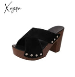 Xajzpa - Summer Women Sandals Square High Heel Platform Flock Casual Rivet Pumps Peep Toe Female