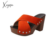 Xajzpa - Summer Women Sandals Square High Heel Platform Flock Casual Rivet Pumps Peep Toe Female