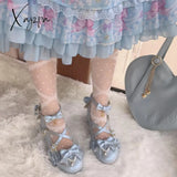 Xajzpa - Sweet Lolita Shoes Vintage Round Head Middle Heel 3-5Cm Women Cute Bowknot Cross Bandage