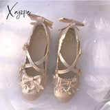 Xajzpa - Sweet Lolita Shoes Vintage Round Head Middle Heel 3-5Cm Women Cute Bowknot Cross Bandage